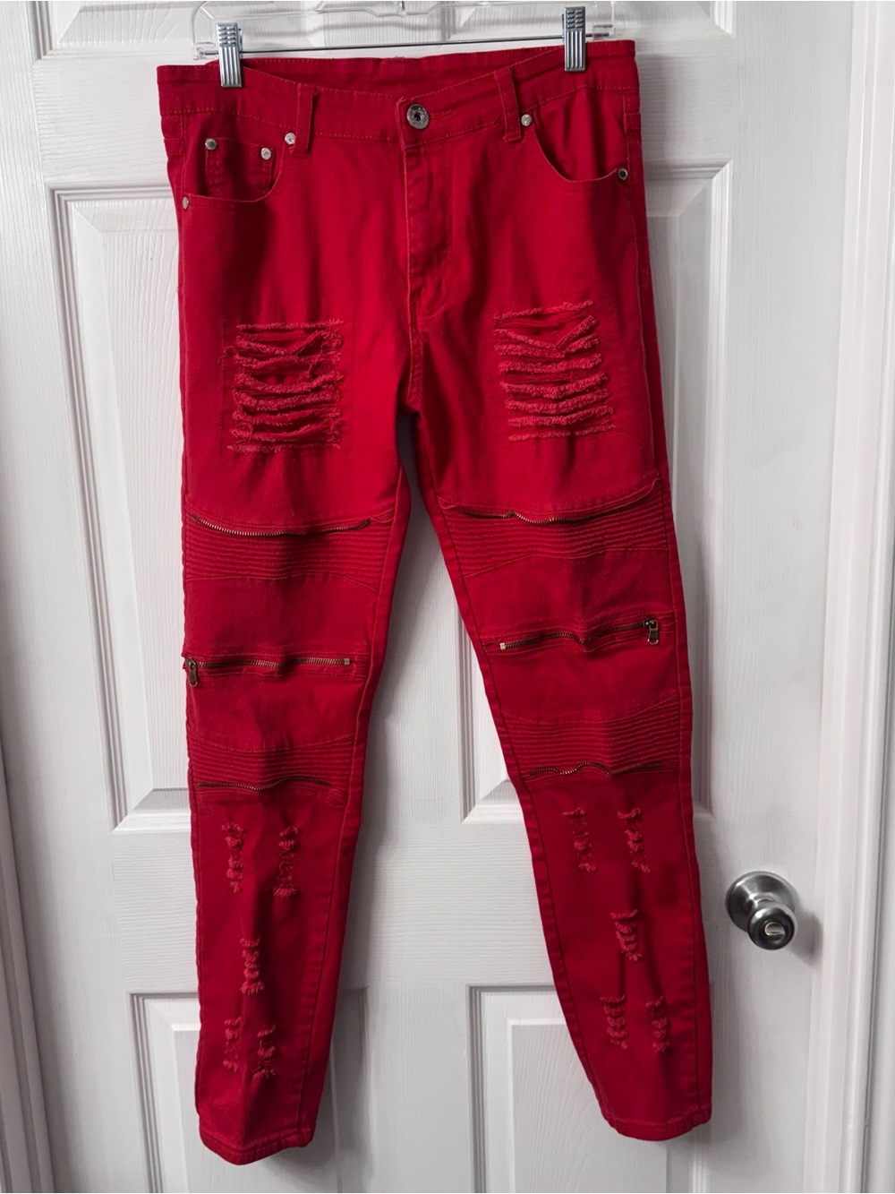 Red Distressed Moto Skinny Jeans